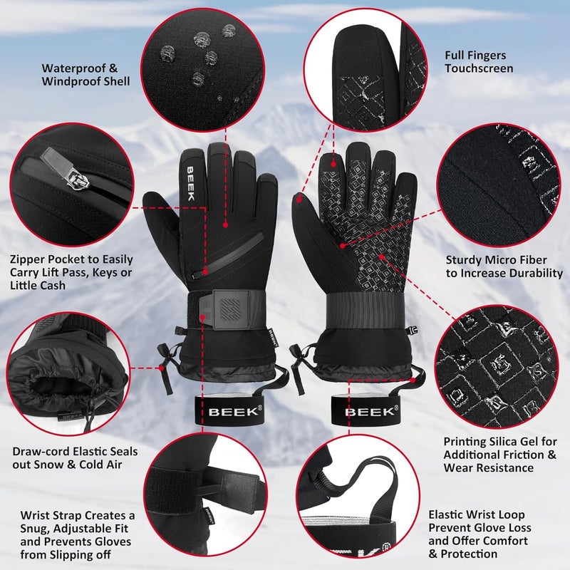 BEEK Waterproof Ski Gloves, Touchscreen Snow Gloves, Anti-Slip Snowboard Gloves, Wear-Resist Winter Gloves with Zipper Pocket, Lightweight Cold Weather Gloves for Men and Women - Image 5